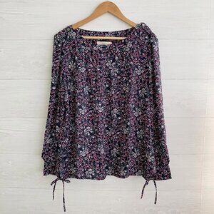 LOFT - Navy floral long sleeve drawstring hem chiffon top epaulets, L